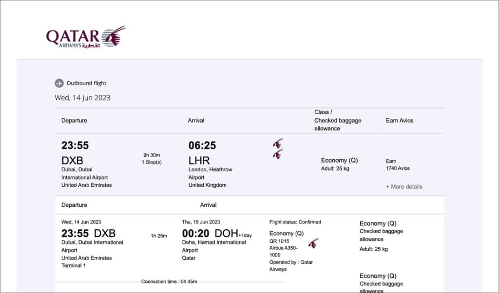 Trip Summary from Qatar Airways