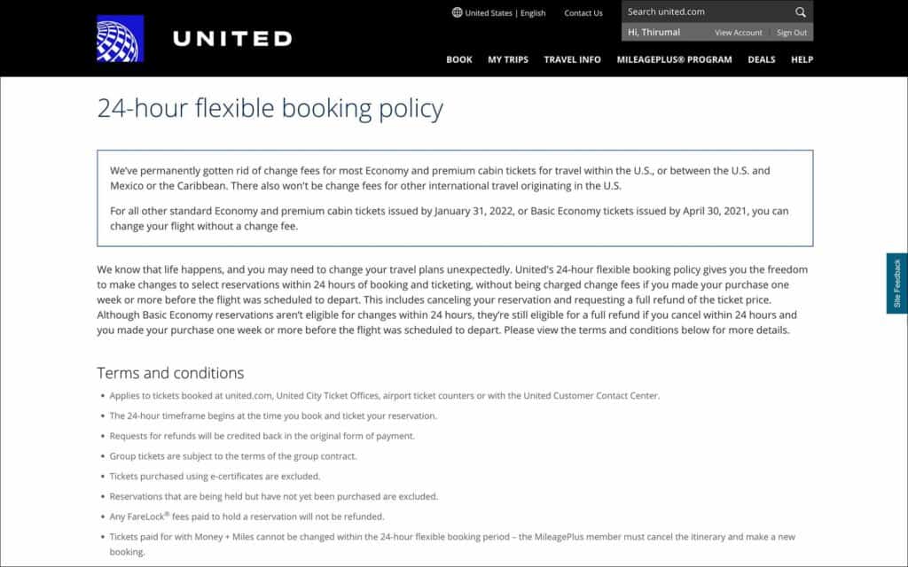 United Airlines 24-hour Free Cancellation