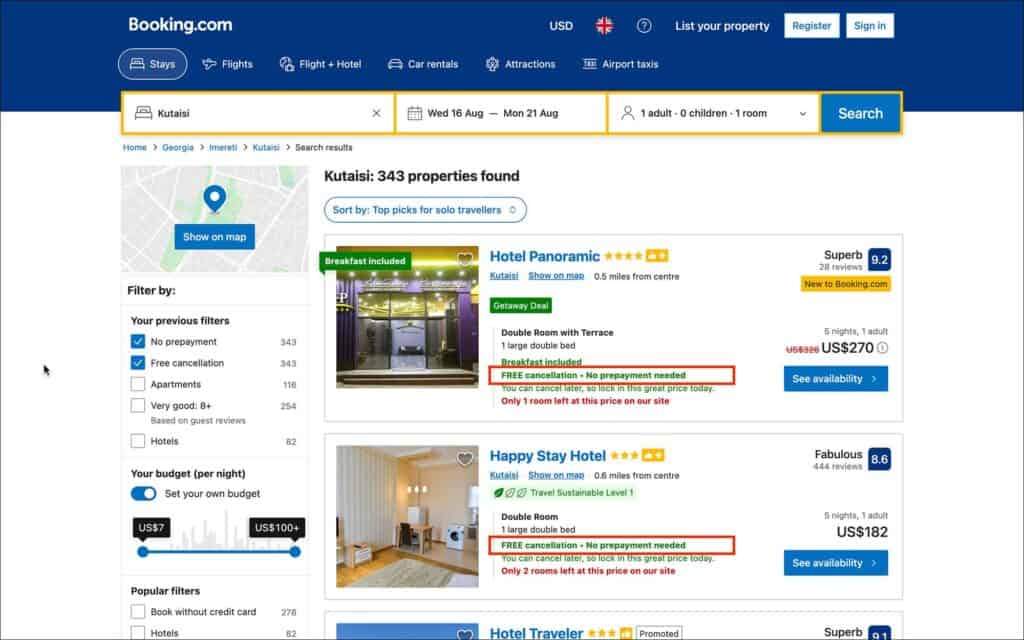 Pay at the hotel booking on Booking.com