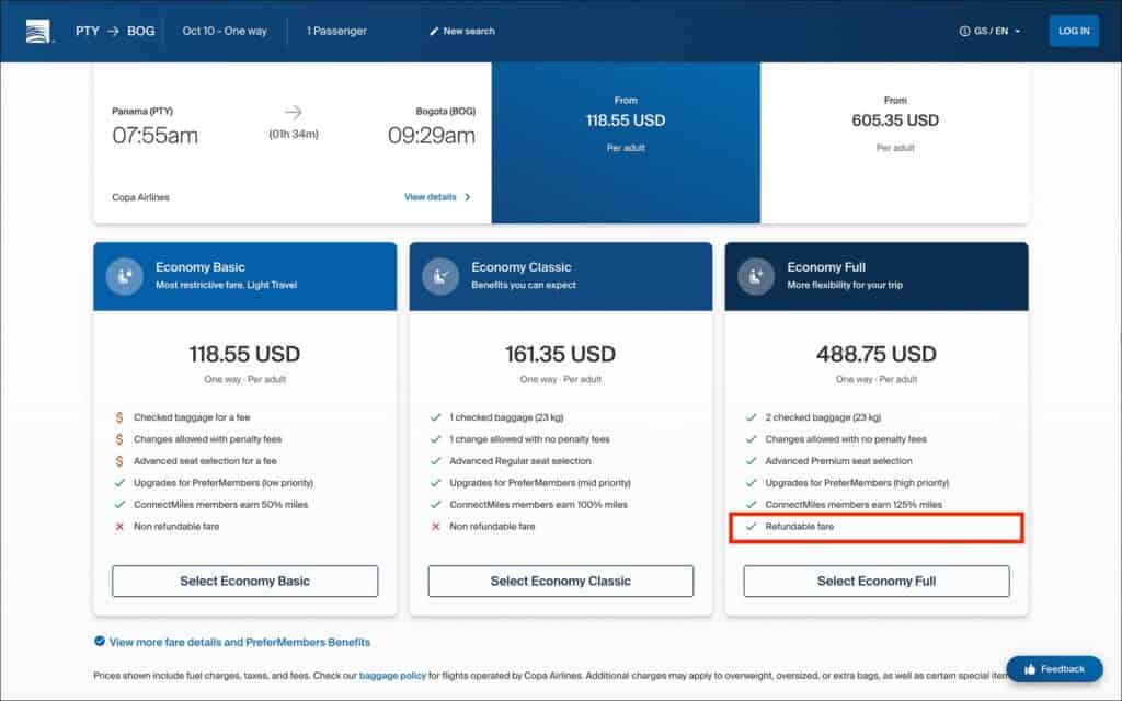 Copa Airlines Economy Full - A Fully Refundable Fare