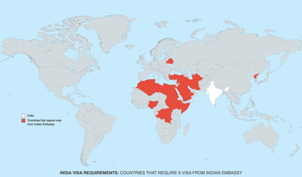 Countries that require India tourist visa from the embassy