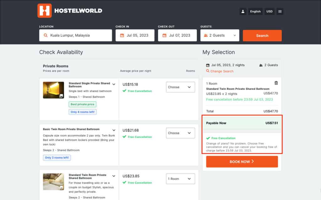 Refundable deposit booking on Hostelworld