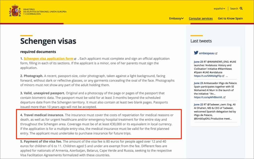 Schengen visa travel insurance requirements from Spain Embassy