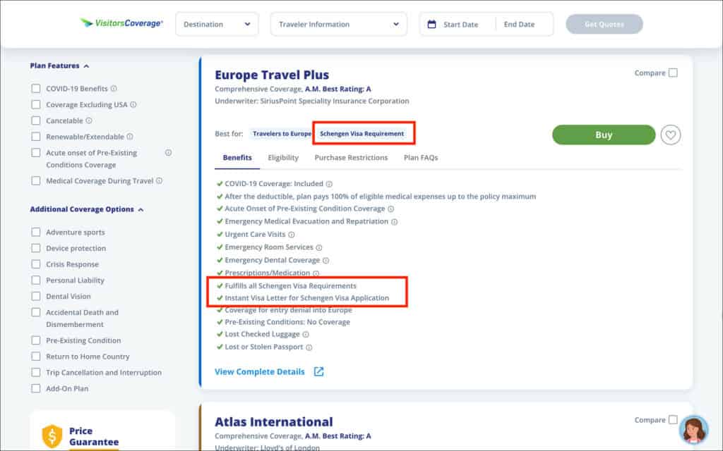 VisitorsCoverage Europe Travel Plus insurance for Schengen visa
