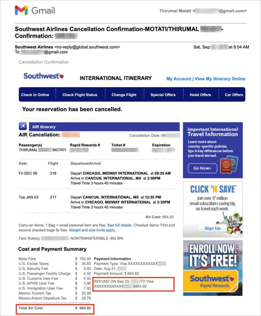 Southwest Airlines Anytime Fare Cancellation and Refund