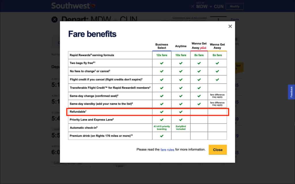 Southwest Airlines Anytime Fare - A Fully Refundable Fare