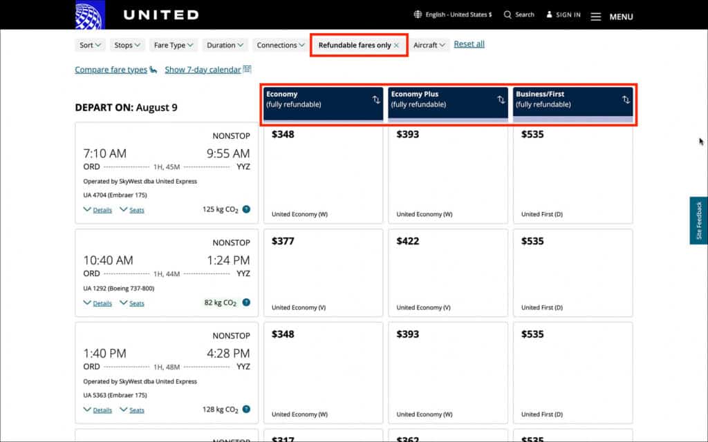 United Airlines Fully Refundable Fares