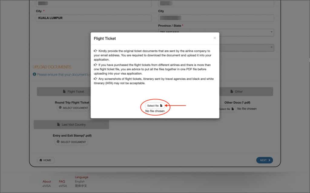 Malaysia eVisa Application - Flight Ticket Upload