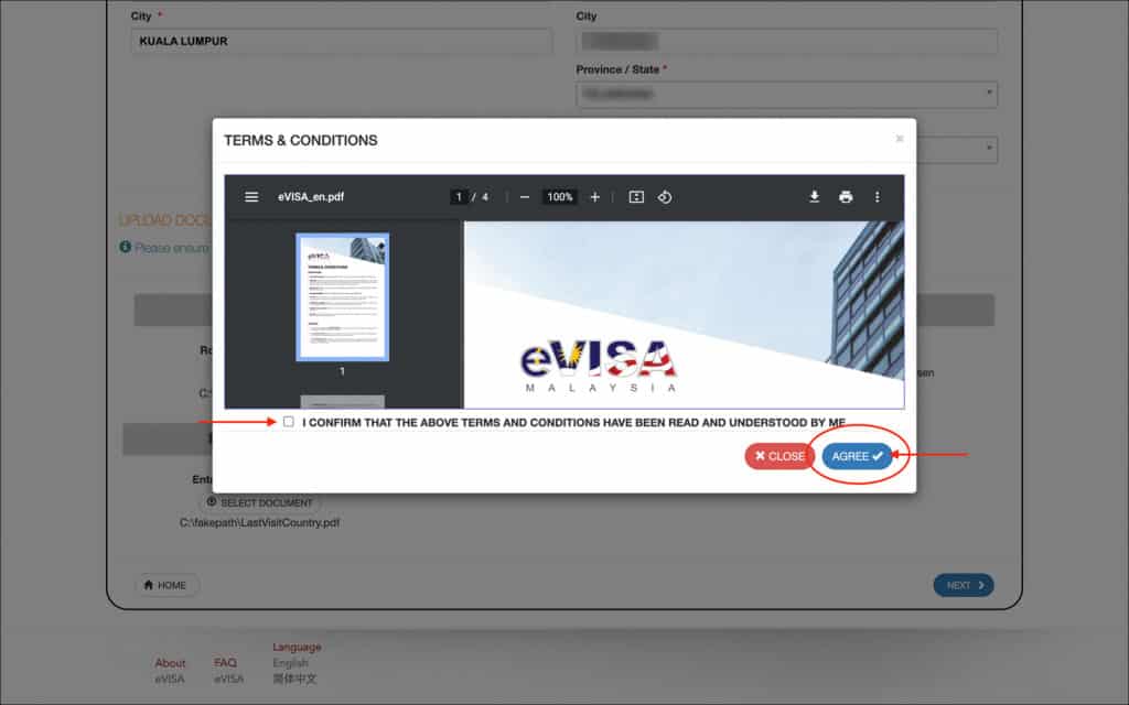 Malaysia eVisa Application - Terms and Conditions