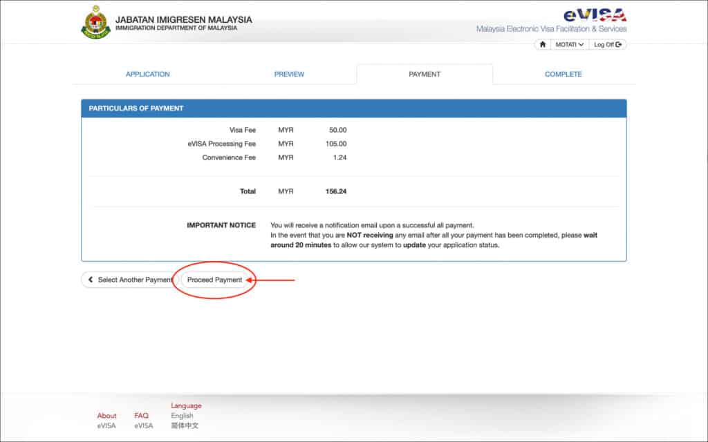 Malaysia eVisa Application - Payment
