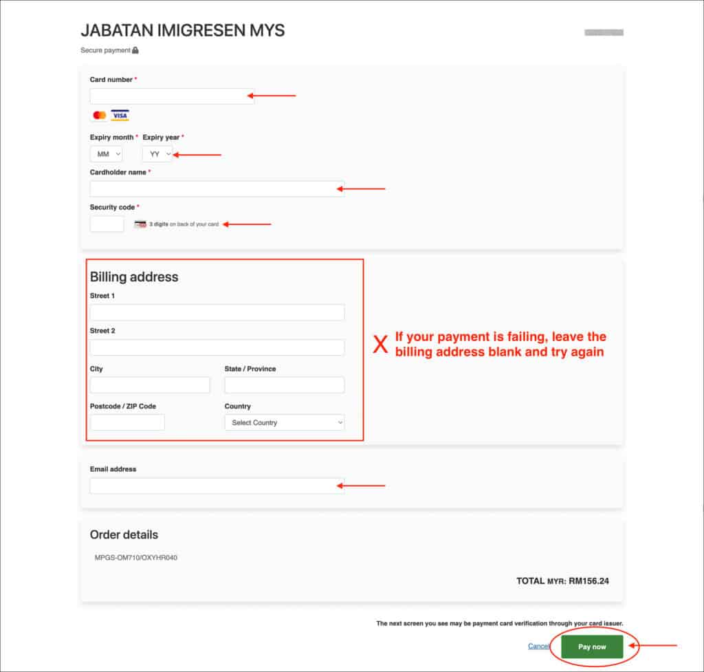 Malaysia eVisa Application - Credit Card Form