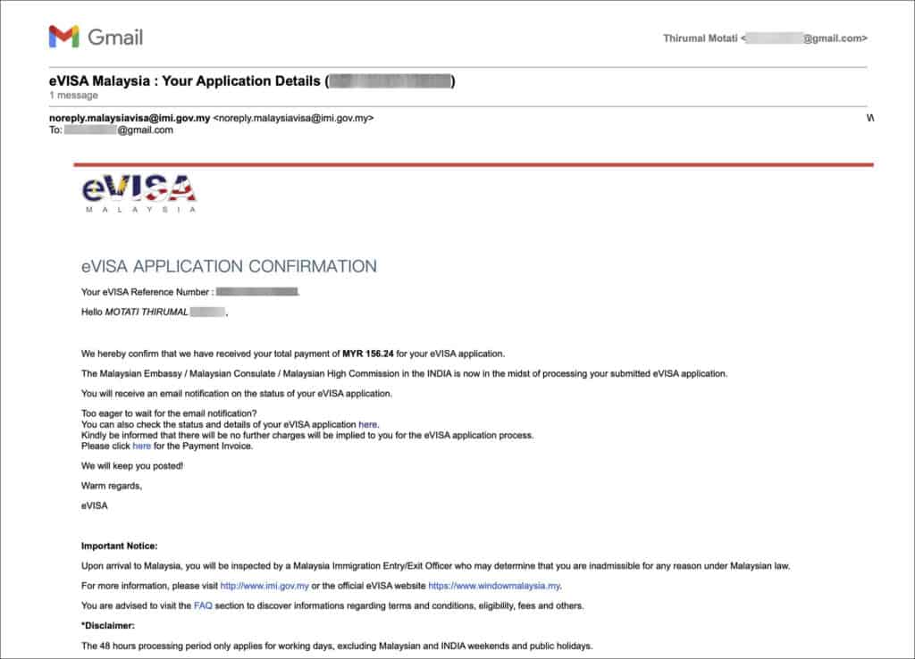 Malaysia eVisa Application - Submission Email