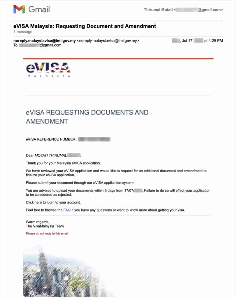 Malaysia eVisa Application - Status Request Document Email