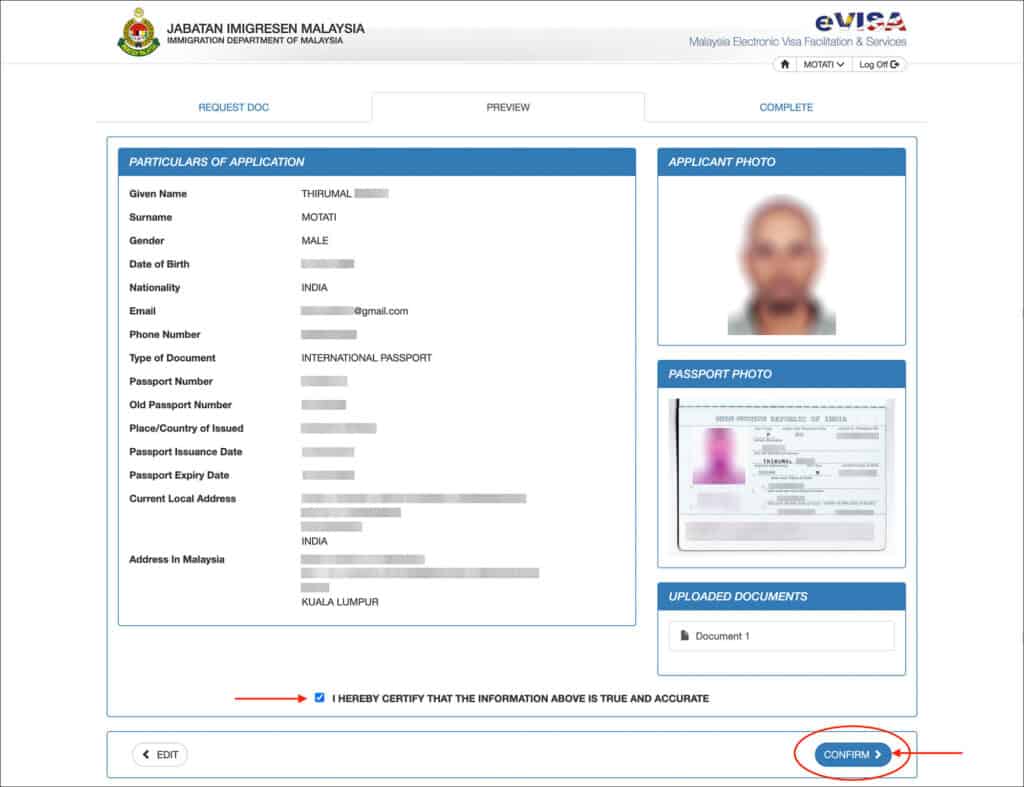 Malaysia eVisa Application - Request Document Preview