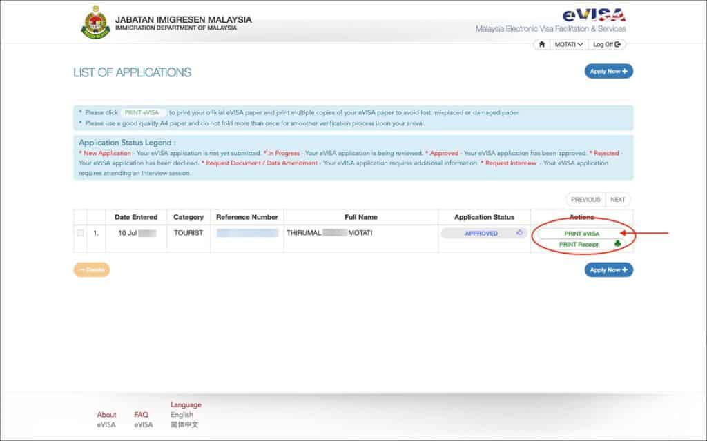 Malaysia eVisa Application - Status Approved