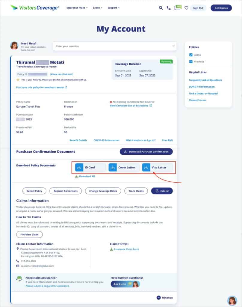 VisitorsCoverage Schengen Visa Insurance - Download Visa Letter