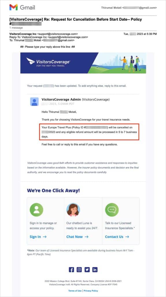 VisitorsCoverage Schengen Visa Insurance - Cancellation Success Email
