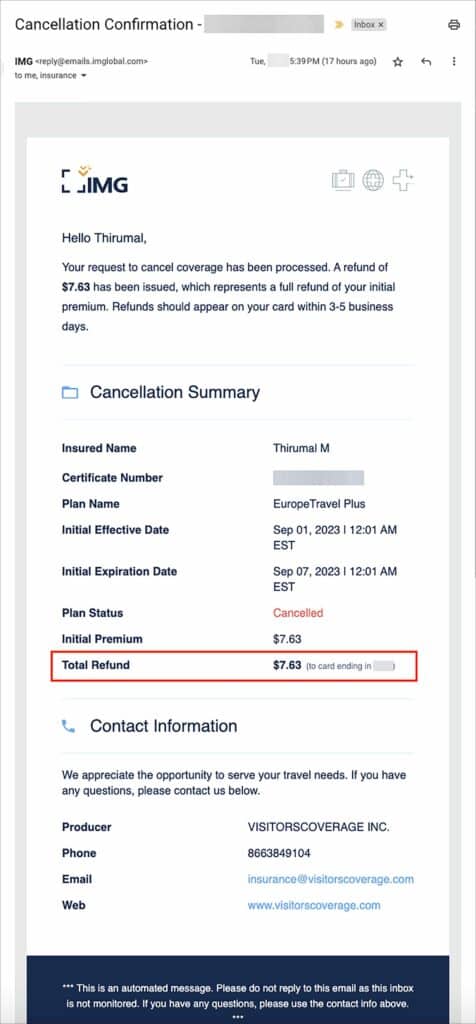 VisitorsCoverage Schengen Visa Insurance - Cancellation Success Email