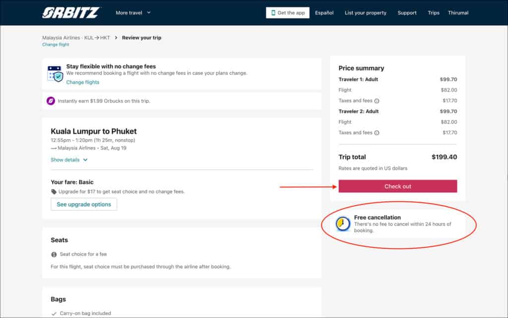 Free cancellation within 24 hours on Orbitz - Review flight page