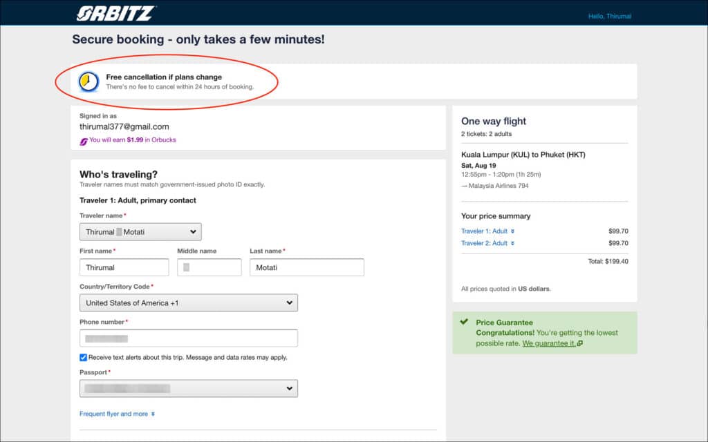 Free cancellation within 24 hours on Orbitz - Payment page