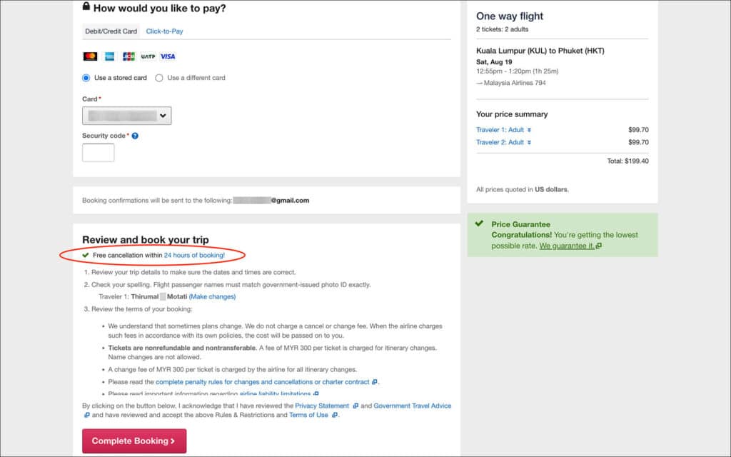 Free cancellation within 24 hours on Orbitz - Payment page