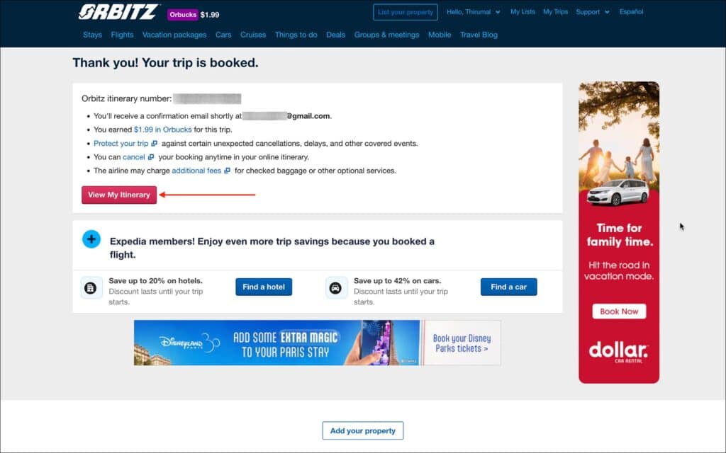 Free cancellation within 24 hours on Orbitz - Booking confirmation