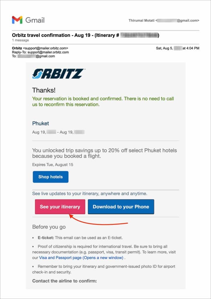 Free cancellation within 24 hours on Orbitz - Booking complete email