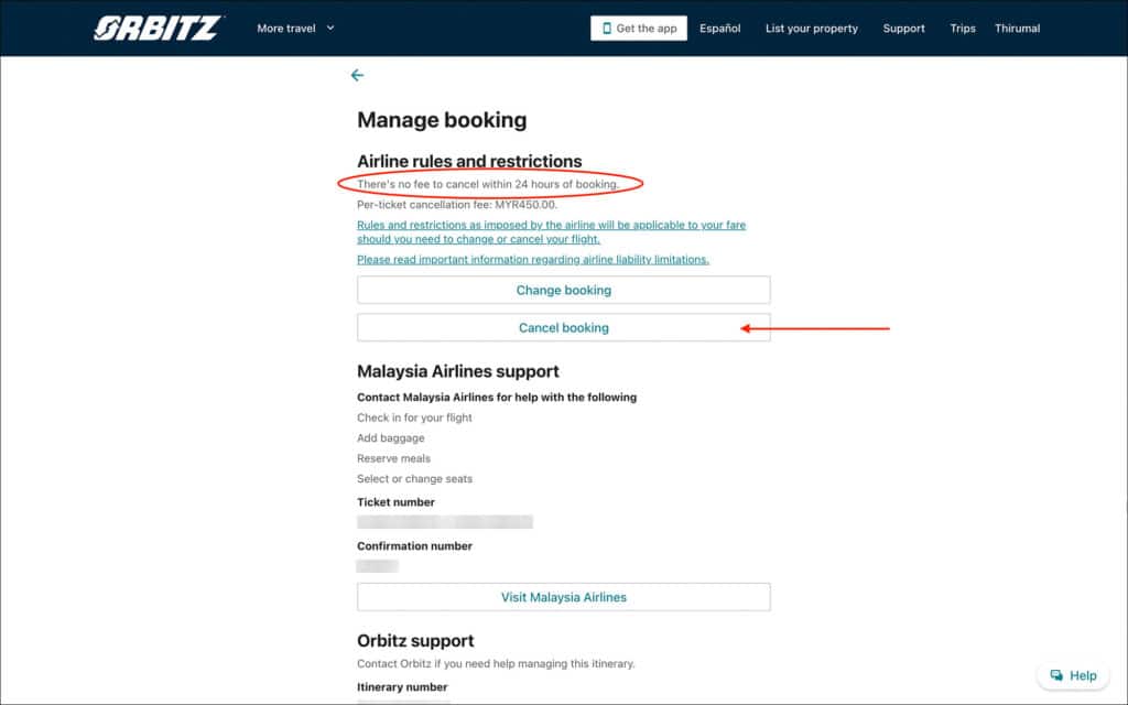 Free cancellation within 24 hours on Orbitz - Manage booking