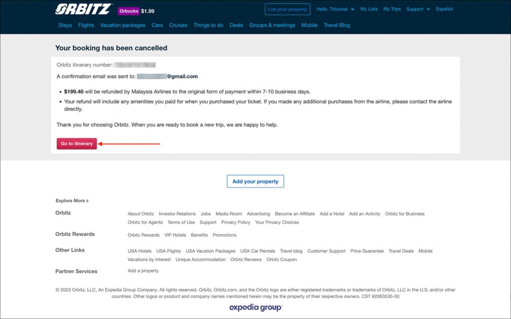 Free cancellation within 24 hours on Orbitz - Booking cancelled