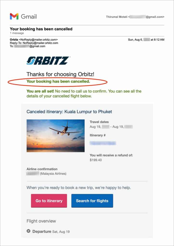 Free cancellation within 24 hours on Orbitz - Booking cancellation email