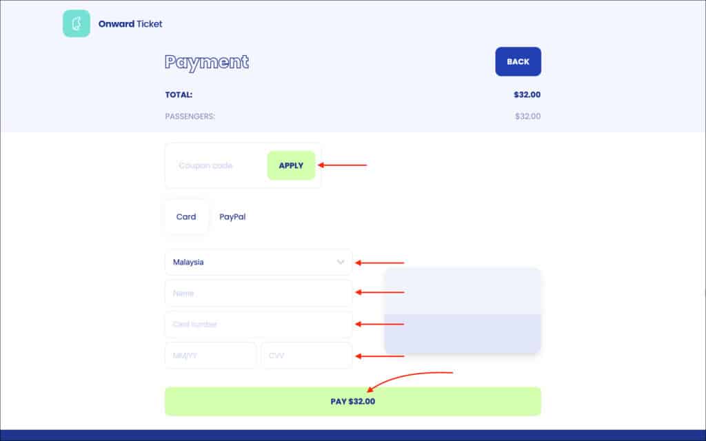 Onward Ticket - Payment