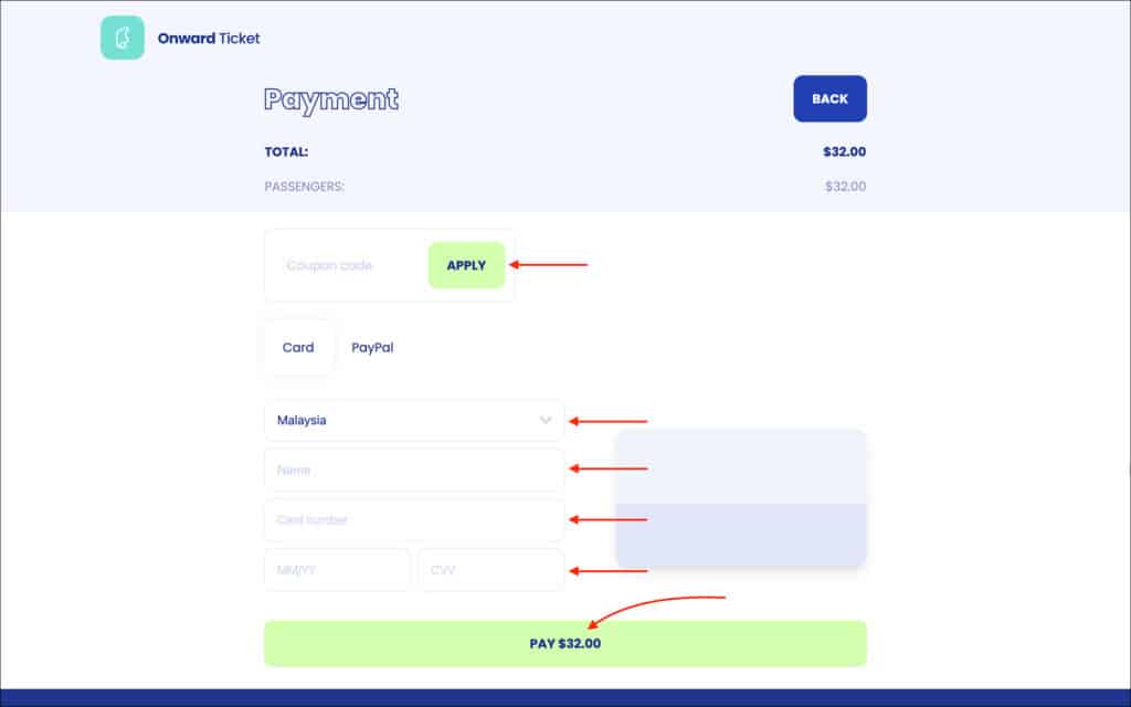 Onward Ticket - Payment