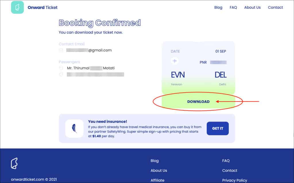 Onward Ticket - Booking Confirmed