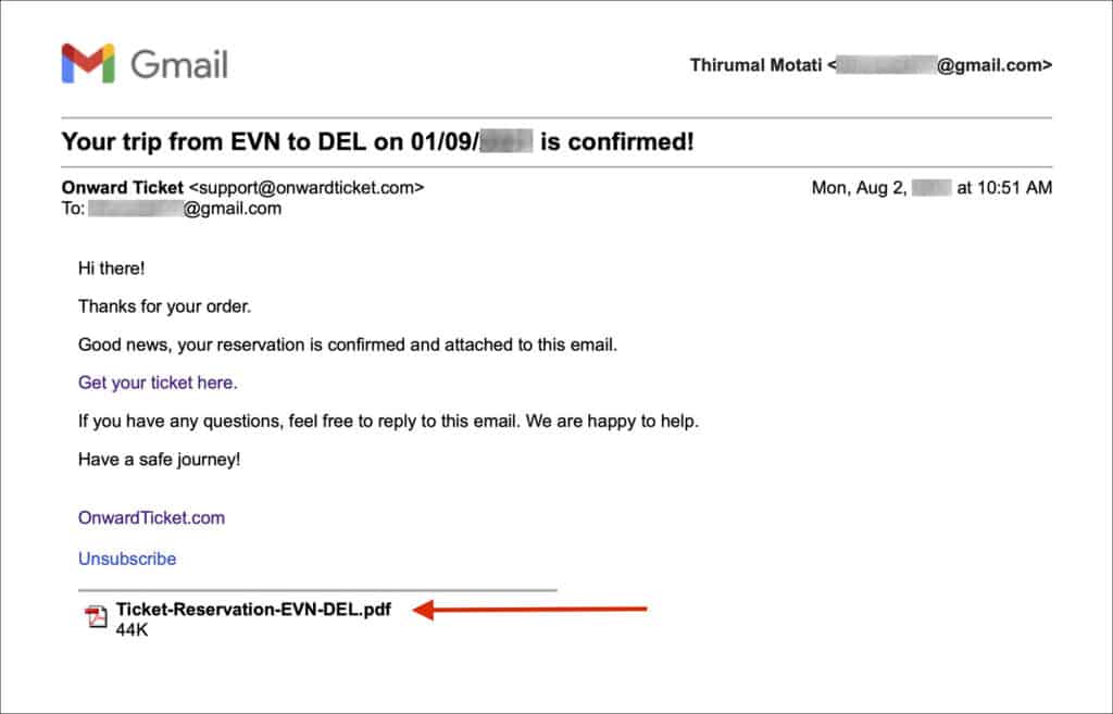 Onward Ticket - Booking Email