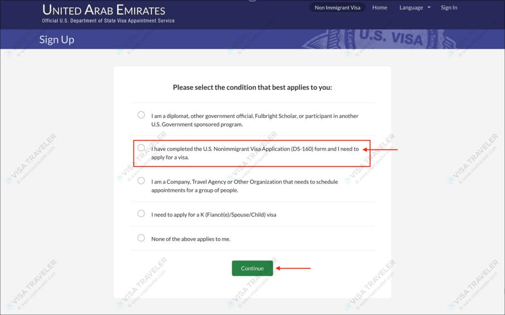 AIS US Visa Info - Signup Conditions page