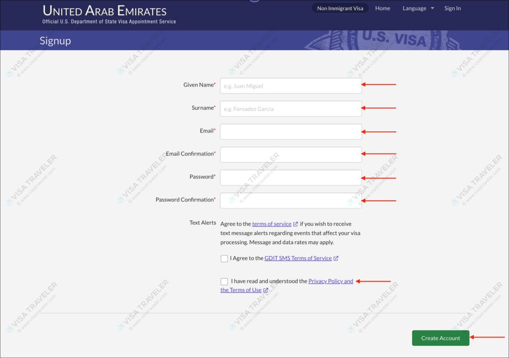 AIS US Visa Info - Create Account page