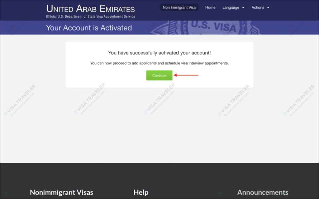 AIS US Visa Info - Account Activated page
