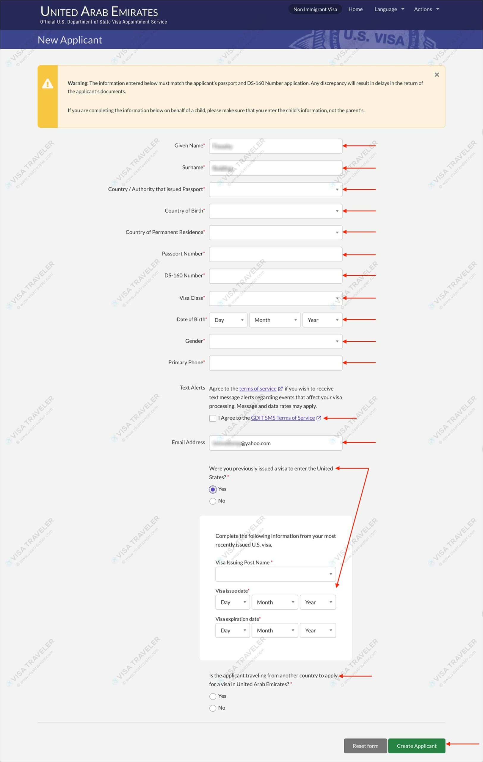 AIS US Visa Info - New Applicant page