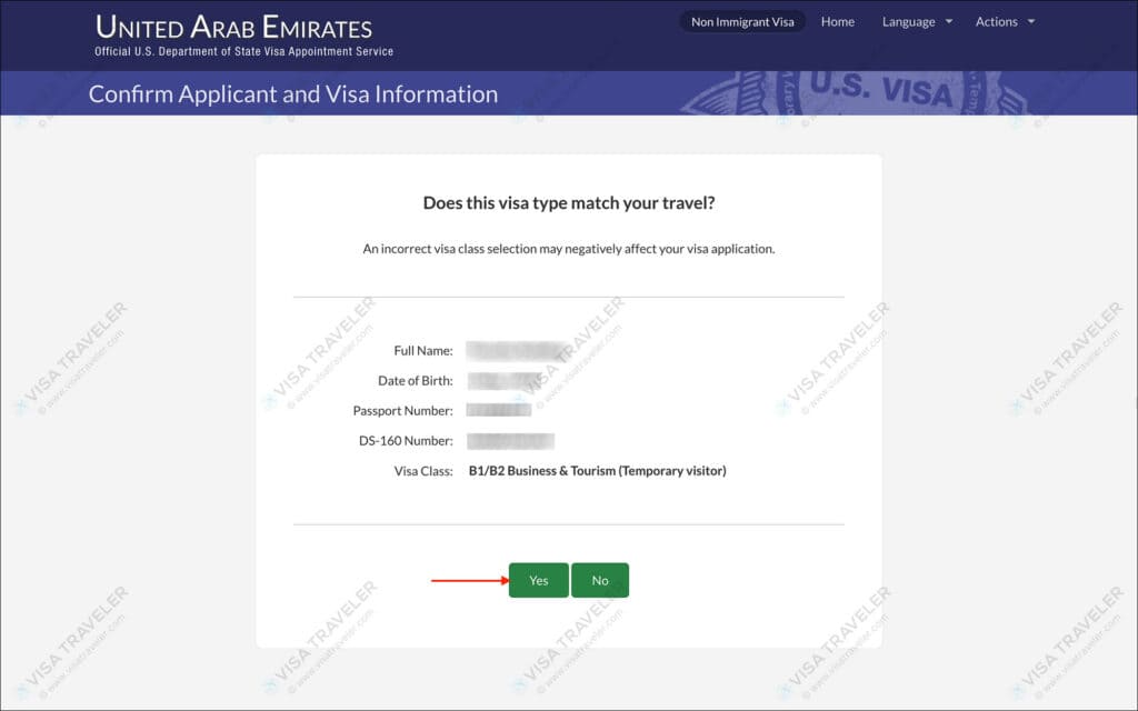 AIS US Visa Info - Confirm Applicant page