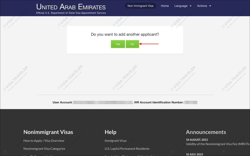 AIS US Visa Info - Add Dependent Confirmation page