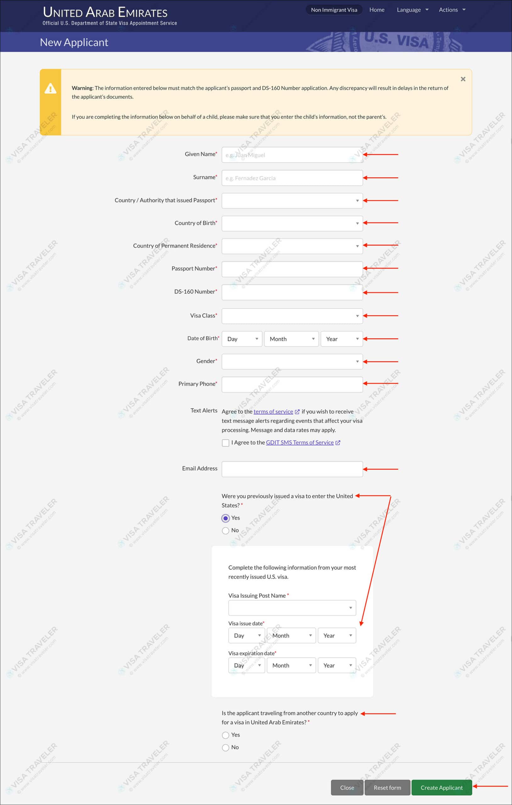 AIS US Visa Info - Dependent Information page