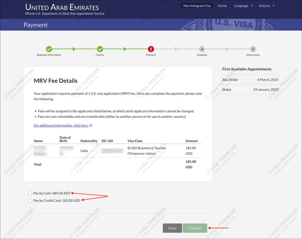 AIS US Visa Info - MRV Visa Fee Details page