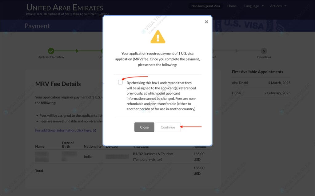 AIS US Visa Info - Visa Fee Payment Popup