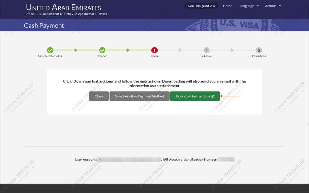 AIS US Visa Info - Cash Payment Instructions page