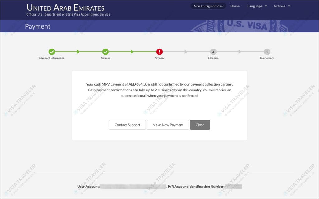 AIS US Visa Info - Cash Payment not Confirmed page