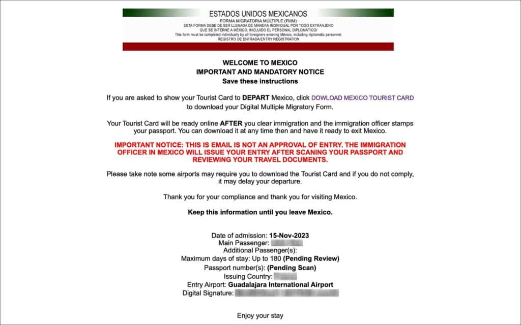 Mexico Tourist Card or FMM download instructions in email