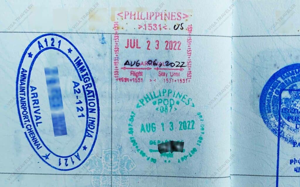 Philippines entry and exit stamps in India passport