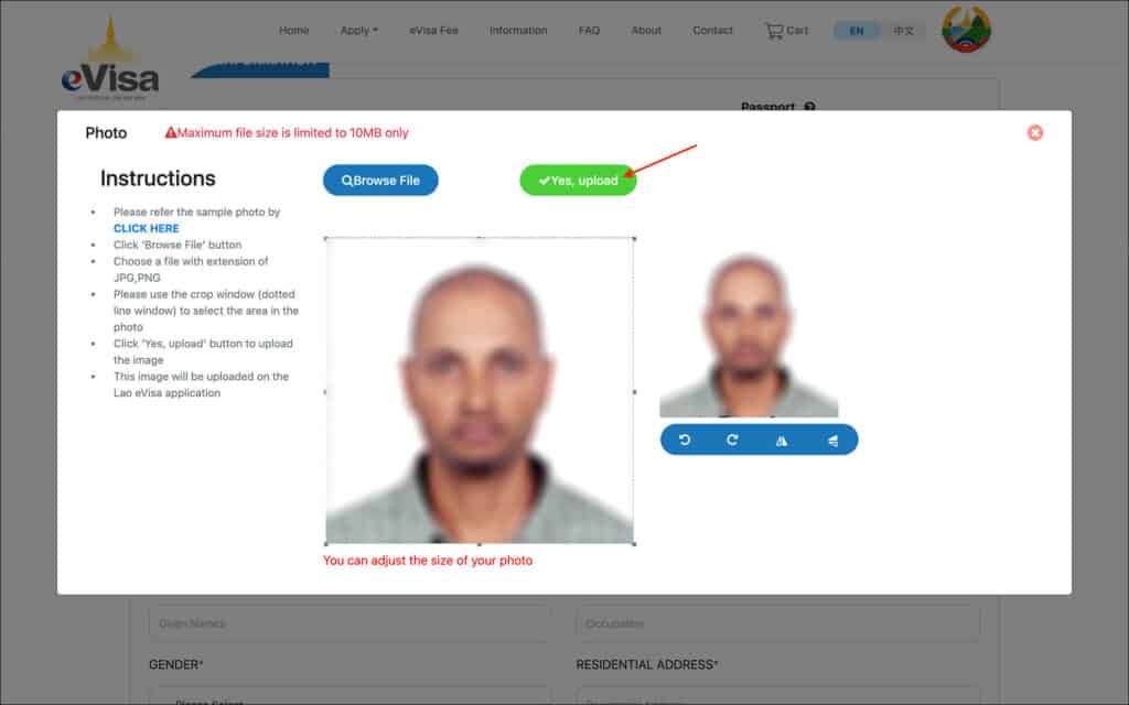 Laos eVisa - Photo edit popup
