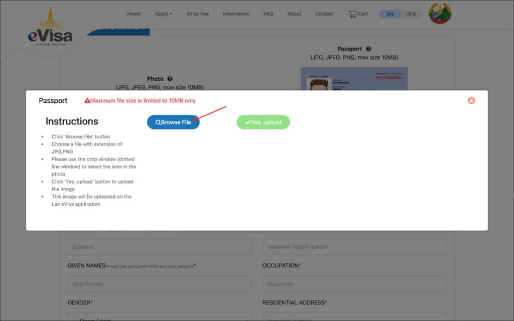 Laos eVisa - Passport upload popup