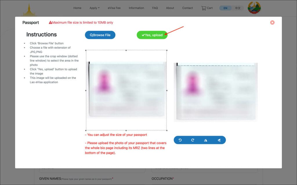 Laos eVisa - Passport edit popup